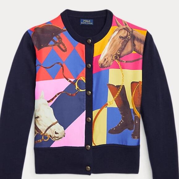 Polo Ralph Lauren Equestrian Themed Buttoned Wool & Silk Cardigan in Navy Small - Picture 2 of 16